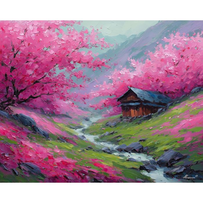 cherry blossoms, Chinese teahouse, pink valley, spring landscape, jade creek, blossoming hills, floating petals, pastel scenery, Chinese countryside, blossom season, mountain valley, serene water, palette-knife blossoms, traditional house, spring pink forest, tranquil cherry trees, jade stream, rural China scenery, scenic valley, spring China art