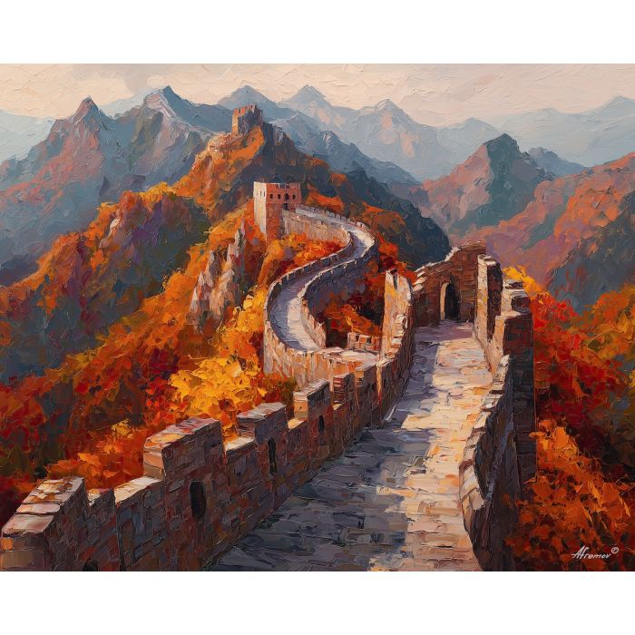 Great Wall autumn, dragon wall, orange forests, warm sun mountains, iconic China wall, twisting fortification, rugged ridges, autumn mountains, golden forest China, palette-knife autumn, historic wall landscape, dragon ridge, warm China scenery, scenic Great Wall view, fall foliage mountains, fortress path, legendary wall China, historical landscape, autumn ridgeline, glowing forest