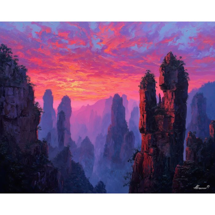 Zhangjiajie pillars, sandstone spires, Avatar mountains, sunset cliffs, magenta sky, amber glow, misty mountains, Chinese national park, dramatic cliffs, granite columns, violet sunset, towering pillars, iconic China view, palette-knife cliffs, floating mist, surreal Zhangjiajie, tall rock towers, sunset landscape China, world heritage site, mystical mountains