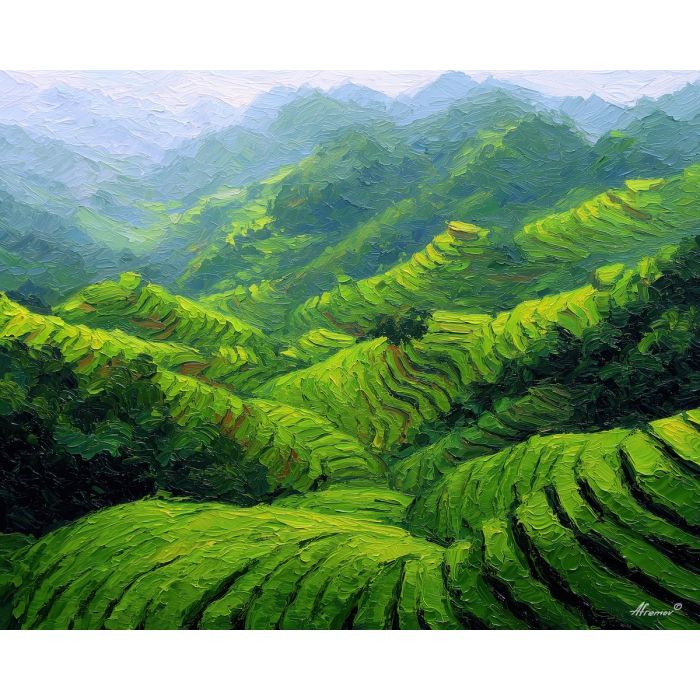 Hangzhou tea fields, Longjing tea hills, emerald terraces, misty farms, green hillside China, lime tea fields, layered terraces, mountain mist, green agriculture, Chinese tea scenery, palette-knife fields, lush green terraces, iconic Hangzhou, tea mountain view, vibrant green hills, terraced farmland China, mist-covered fields, jade-toned hills, scenic China agriculture, tea valley landscape