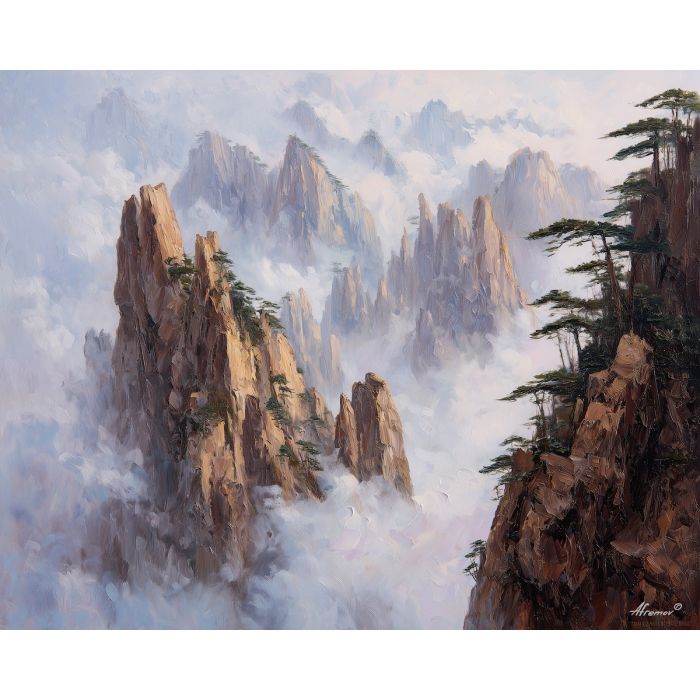 Huangshan mountains, misty peaks, yellow mountains, granite spires, pine cliffs, Chinese landscape, mountain fog, sunrise glow, iconic China scenery, jade peaks, ancient pines, floating mountains, silver mist, mystical China, palette-knife landscape, golden morning light, traditional mountainscape, ethereal cliffs, cloud sea, natural wonder China