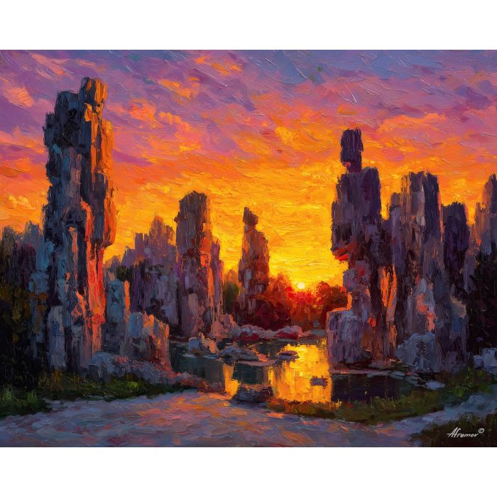 Stone Forest Yunnan, limestone pillars, karst towers, sunset cliffs, orange glow, purple sky, stone spires China, iconic Yunnan scenery, sharp rock formations, palette-knife spires, dramatic sunset landscape, carved limestone China, ancient stone forest, glowing rock towers, scenic karst China, warm sunset colors, twilight cliffs, rugged stone landform, spire landscape, sunset China view