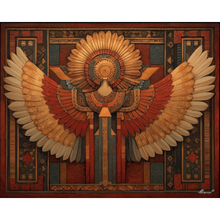 sun empress, winged symmetry, geometric borders, aztec goddess, radiant figure, cultural symbolism, bright patterns, ancient style portrait