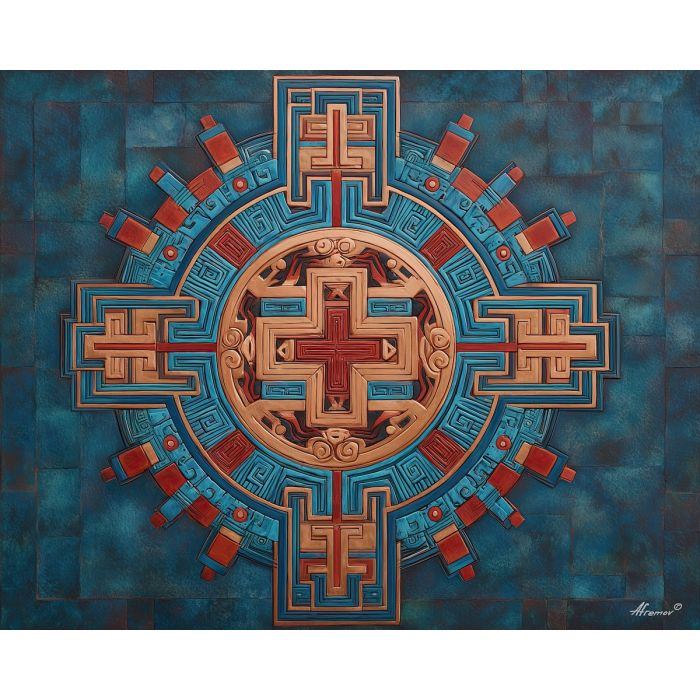 fire crest, aztec flame symbol, stepped patterns, radiant motif, warm palette, tribal emblem, angular shapes, cultural flame design, ancient icon