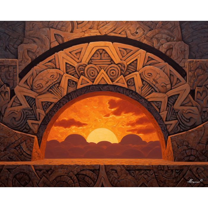 sunrise ridge, carved stones, aztec motifs, morning glow, ancient rock art, geometric carvings, cultural symbolism, scenic tribal art, warm horizon light