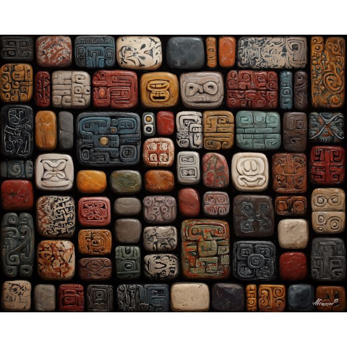 carved stones, pattern grid, ancient symbols, aztec geometry, tribal arrangement, stone motif art, symbolic grid, cultural carving shapes