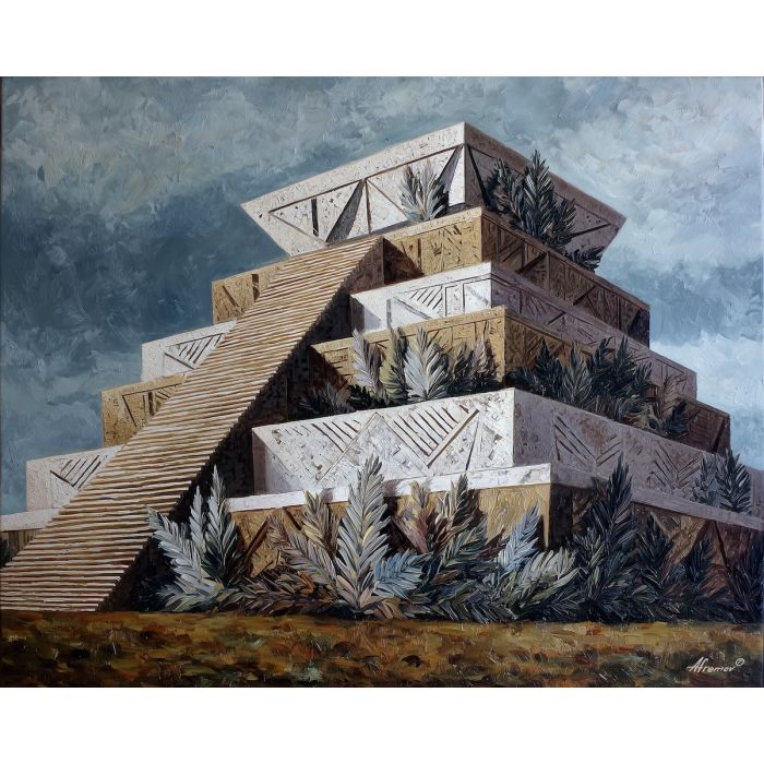 aztec pyramid, feather motifs, stepped architecture, geometric accents, ancient temple, cultural symbolism, bold shapes, historic structure, decorative edges