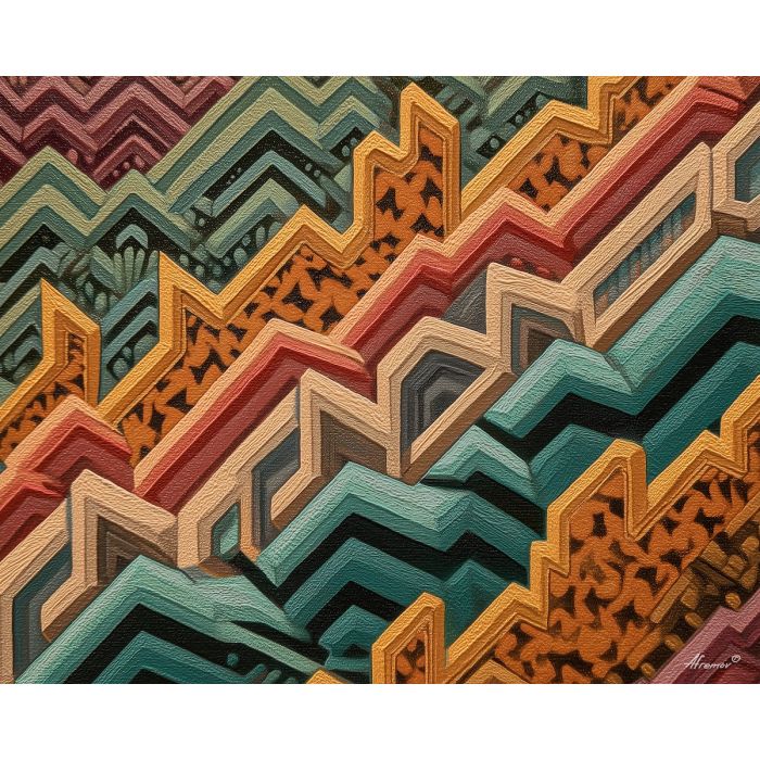 aztec river, flowing patterns, angular waves, stepped motif water, tribal geometry, ancient symbolism, river design, bold wave lines