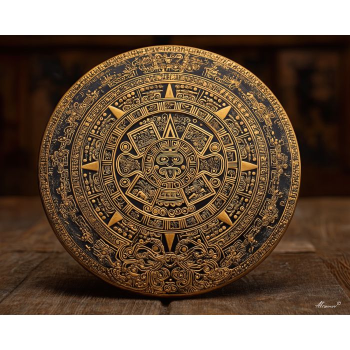golden disc, serpent engraving, circular motif, aztec gold art, tribal carving, ancient symbol disc, cultural emblem, radiant gold palette