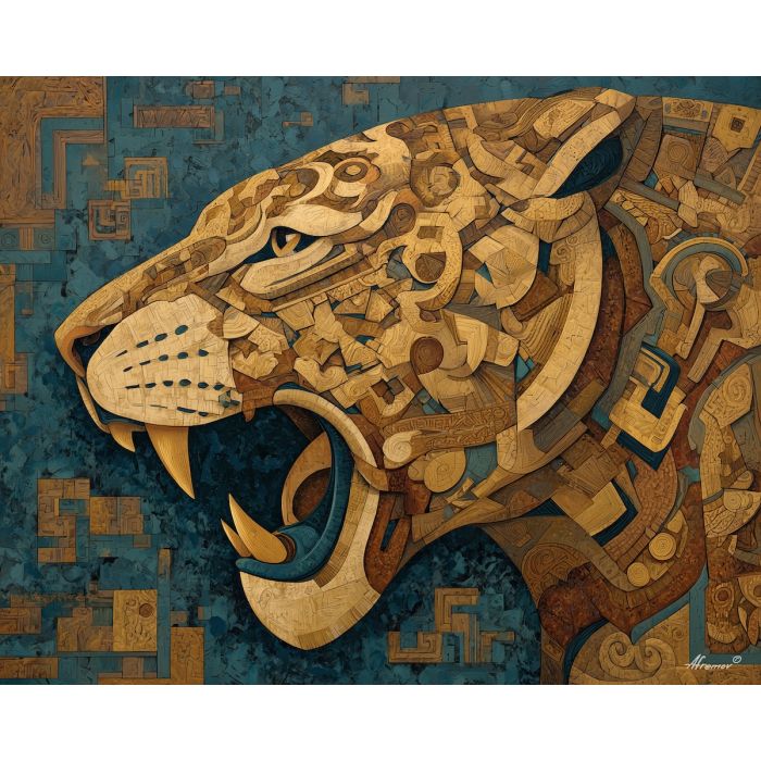 aztec jaguar, tribal patterns, angular design, gold accents, guardian animal, ancient culture, bold geometry, symbolic creature, indigenous motifs, warrior animal, strong shapes, cultural art, patterned fur, stone texture influence