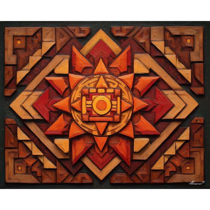 aztec sun, sunstone motif, geometric carving, warm tones, stone symbolism, ancient culture, stepped patterns, tribal design, historical shapes, glowing centerpiece, bold geometry, cultural symbols, old world stone art, radiant centerpiece, sun emblem, aztec pattern work, warm palette, carved motif, indigenous art