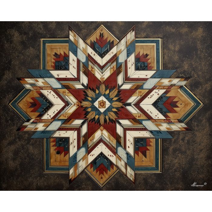 aztec star, geometric segmentation, tribal fill patterns, ancient star motif, angular star shape, cultural geometry, detailed star lines, vibrant pattern art