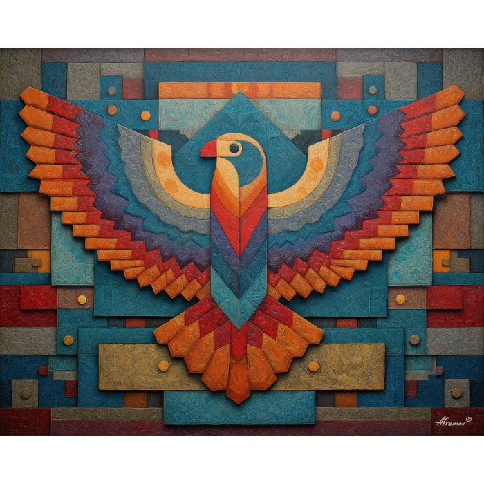 aztec eagle, four winds symbol, geometric wings, tribal bird art, stacked shapes, directional motifs, ancient design, cultural bird, strong symmetry, patterned feathers
