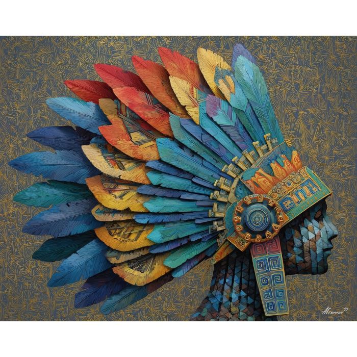 aztec headdress, geometric feathers, bright colors, tribal ceremony, cultural symbols, bold palette, layered shapes, ancient design, royal headpiece, indigenous feathers, traditional art, decorative patterns