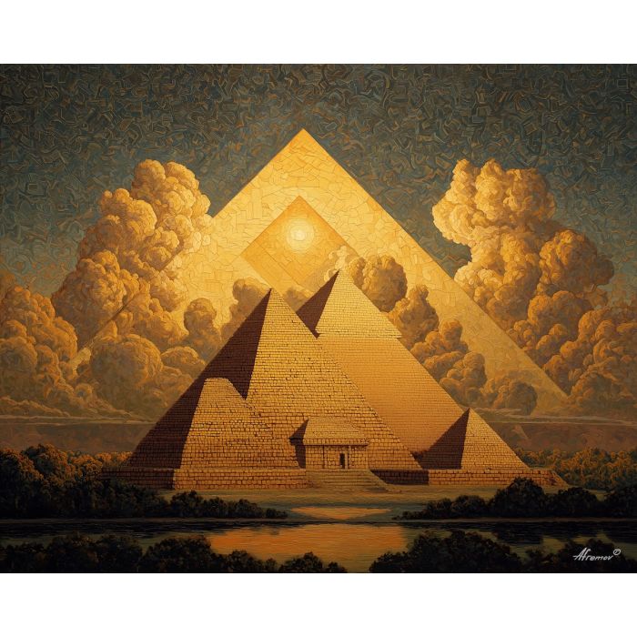 pyramid horizon, geometric sky, aztec alignment, radiant patterns, ancient architecture, tribal landscape, bold shapes, cultural structures