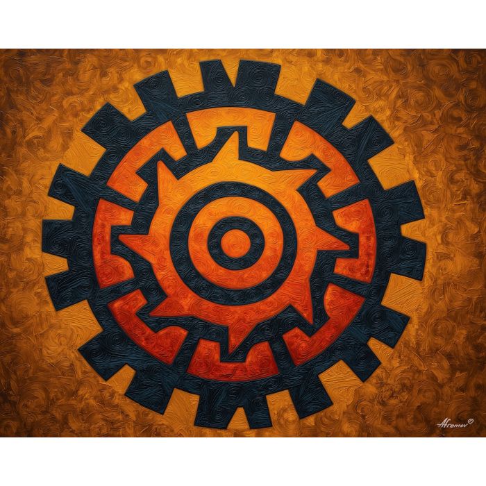 spiral sun, aztec angular shapes, layered patterns, ancient symbolism, bright geometry, cultural sun emblem, tribal spiral, radiant center