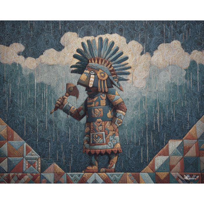 rain caller, aztec ritual figure, falling line motif, water symbolism, geometric patterns, cultural ceremony, ancient icon, vertical rain lines, tribal art