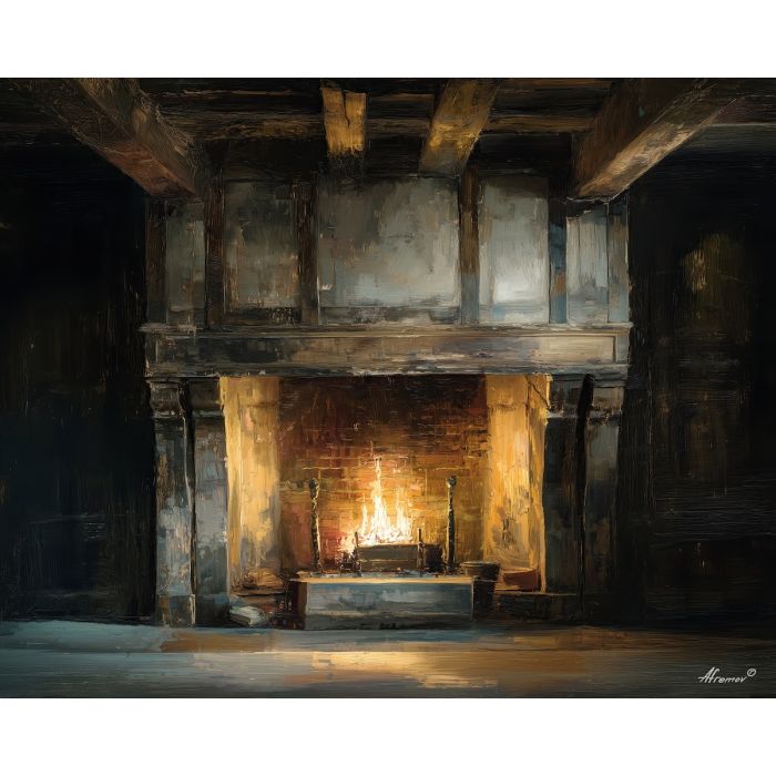 fireplace glow, golden ambiance, dark wood beams, baroque interior, warm shadows, atmospheric firelight, deep room contrast, classic home scene