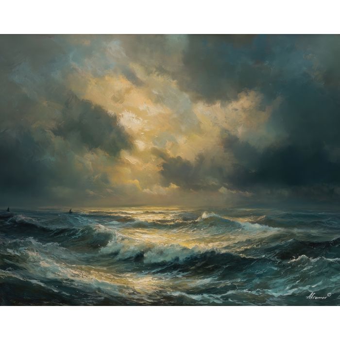 baroque seascape, storm waves, golden light, heavy clouds, dramatic ocean, deep shadow water, radiant breaks, classical marine scene