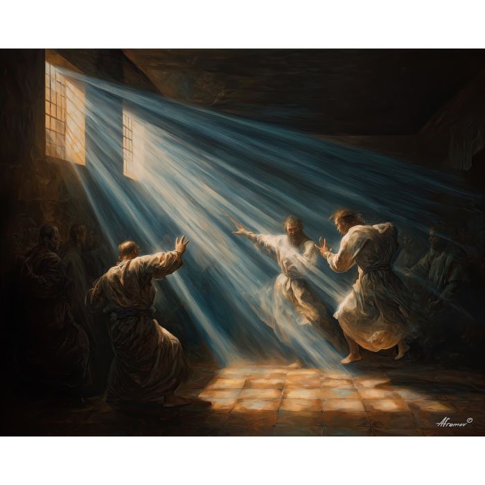 baroque duel, intersecting light beams, dramatic contrast, chiaroscuro style, two figures scene, shadow depth, classical dramatic composition, strong highlights