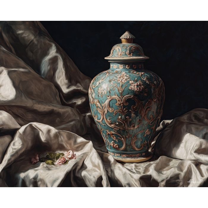 baroque vase, ornate decoration, fabric folds, shadow depth, dramatic lighting, classical still life composition, glowing highlights, rich textures