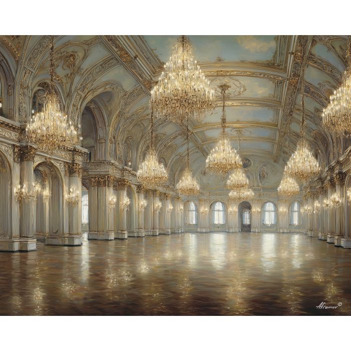baroque ballroom, chandelier glow, polished floors, ornate pillars, golden light, dramatic interior scene, classical architecture, rich textures, warm highlights, high contrast