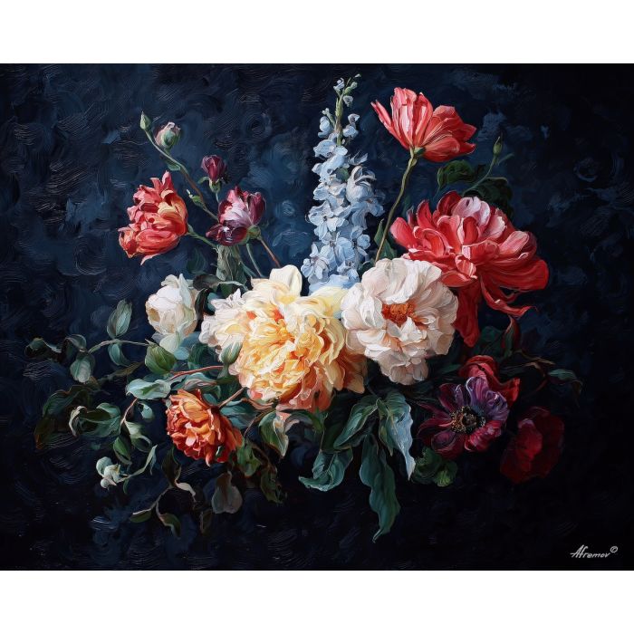 baroque flowers, glowing petals, velvety background, dramatic floral arrangement, deep shadows, warm light, rich colors, classical flower art