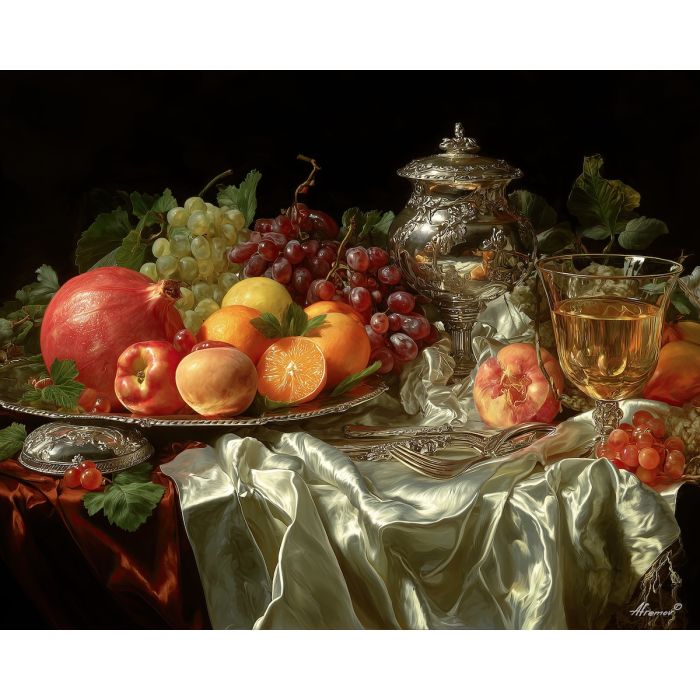 baroque still life, fruit and silverware, glowing reflections, dramatic shadows, rich textures, chiaroscuro lighting, detailed arrangement, ornate setting, classical objects, deep contrast, luxurious fabric