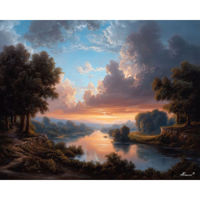 baroque river scene, glowing sky, dark riverbanks, dramatic contrast, warm horizon light, classical nature art, heavy shadows, radiant water reflection