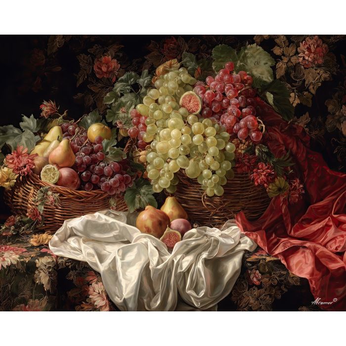 fruit still life, grapes figs pears, lush fabrics, dramatic highlights, baroque arrangement, deep shadows, ornate details, classical composition, rich colors, glowing textures