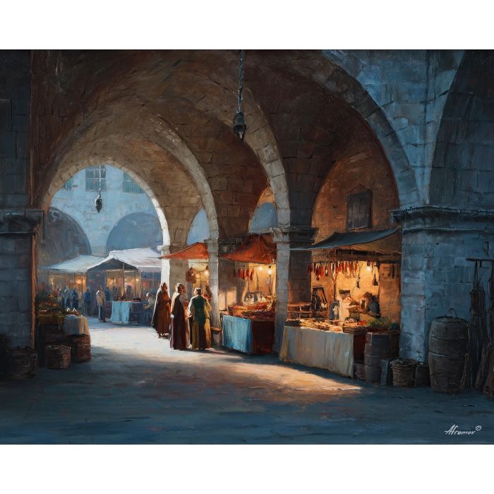 marketplace lighting, stone arches, dramatic side light, baroque street scene, rich textures, high contrast market, warm highlights, shadowed architecture