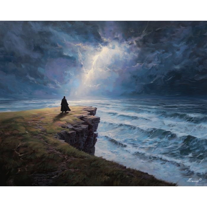 cloaked figure, storm horizon, breaking light, dramatic silhouette, baroque storm scene, high contrast lighting, atmospheric drama, moody sky