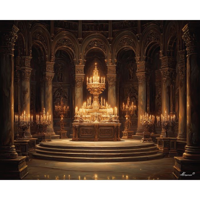 baroque altar, candlelight glow, warm golden light, stone architecture, religious ambiance, dramatic shadows, sacred scene, classic European church style, glowing interior, ornate details, high contrast