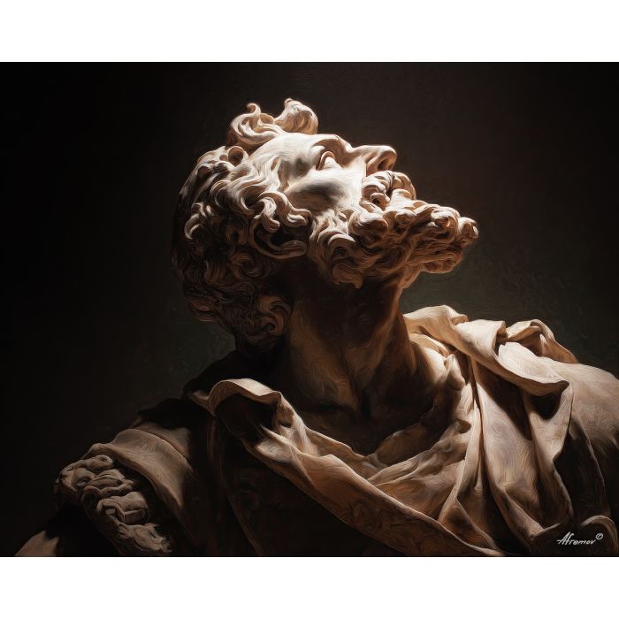 stone statue, upward lighting, glowing carved surfaces, dramatic shadows, baroque sculpture, intense contrast, classical form, illuminated stone