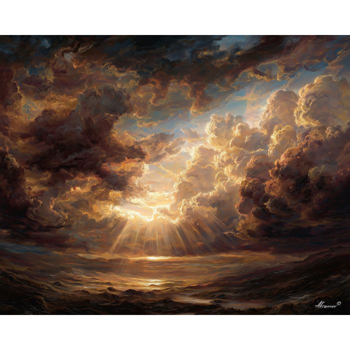baroque sky, swirling clouds, glowing rays, dramatic horizon, storm atmosphere, chiaroscuro sky, deep shadows, intense contrast, classical sky art, dynamic shapes, radiant highlights