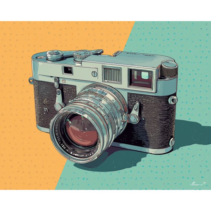 retro camera, bold outlines, dotted shading, vintage device art, bright color accents, pop-art object, graphic camera symbol, flat shading palette