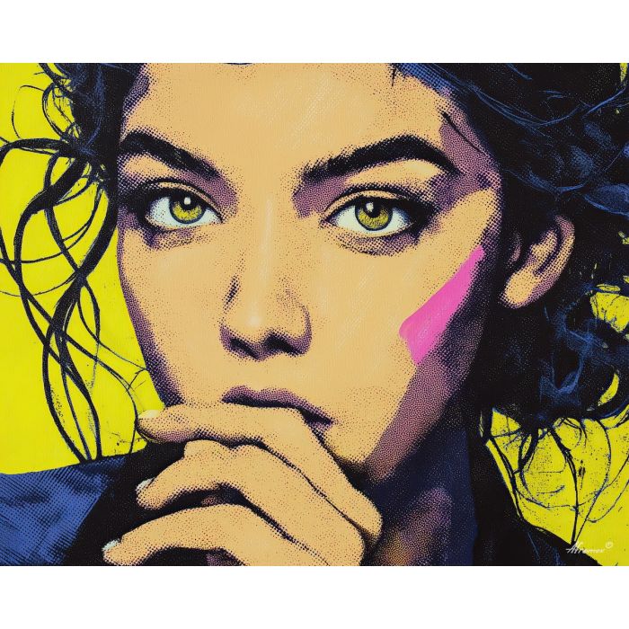 pop portrait, neon accents, halftone shadows, bold comic lines, retro face styling, bright color blocks, dotted shading, graphic pop face