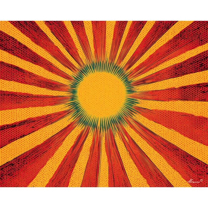 comic sun, radiating rays, halftone texture, bold lines, bright yellow palette, retro sun design, graphic pop symbol, flat warm palette, dotted sky