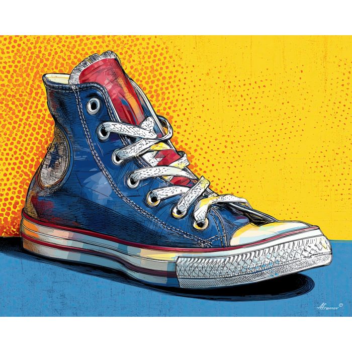 pop sneaker, high-top shoe, comic outline, dotted highlight, graphic footwear art, flat fill colors, retro shoe motif, vibrant pop palette