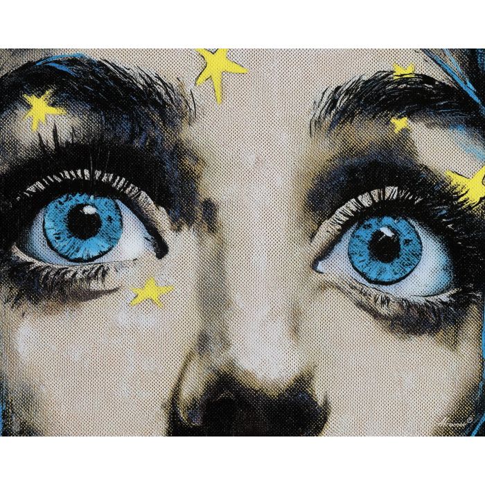 comic eyes, star reflections, dotted shadows, bold outlines, vintage pop portrait detail, flat color styling, graphic eye symbols, bright highlights