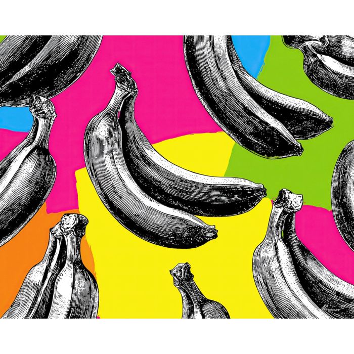 pop fruit, banana motif, repeating pattern, bold outlines, contrasting stripes, graphic fruit art, bright color blocks, vintage pop style, retro shapes, flat pop palette