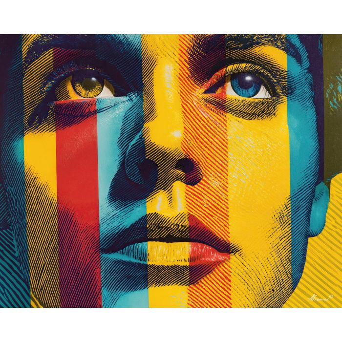 striped face, pop portrait, color blocks, halftone shadows, bold linework, retro comic style, graphic face art, high contrast portrait, flat shading, bright pop palette