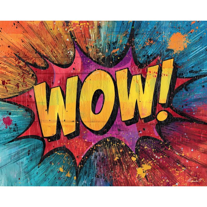 comic WOW text, pop bubble, explosive lines, bright yellows, retro type style, graphic speech bubble, ben day dots, classic comic expression, outlined text, flat comic shading