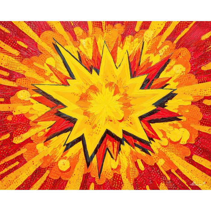 star burst, comic blast, primary colors, jagged outlines, bold graphic burst, pop symbol art, halftone accents, retro explosion shape, strong pop contrast