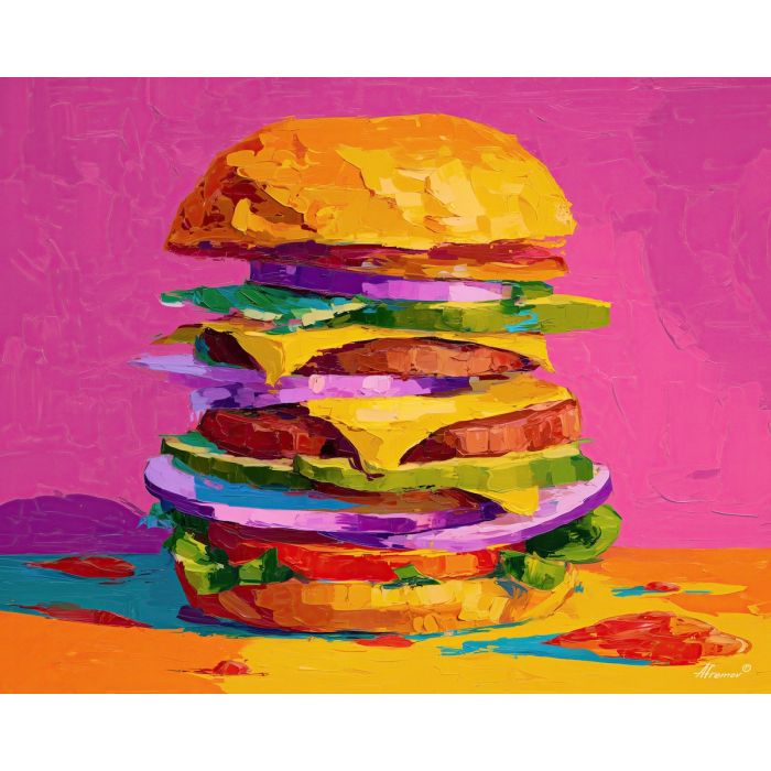 pop burger, flat layers, bold food shapes, graphic outline, comic food art, retro palette, bright color blocks, playful pop style, diner pop design