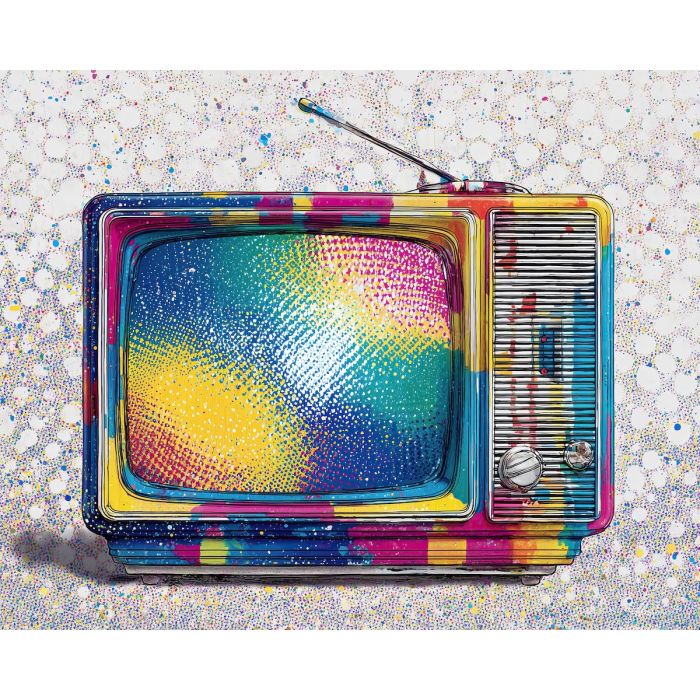 pop tv, retro electronics, thick outline, dotted static, ben day shading, graphic retro device, flat color fill, classic pop tech, nostalgic pop device, vibrant outline art