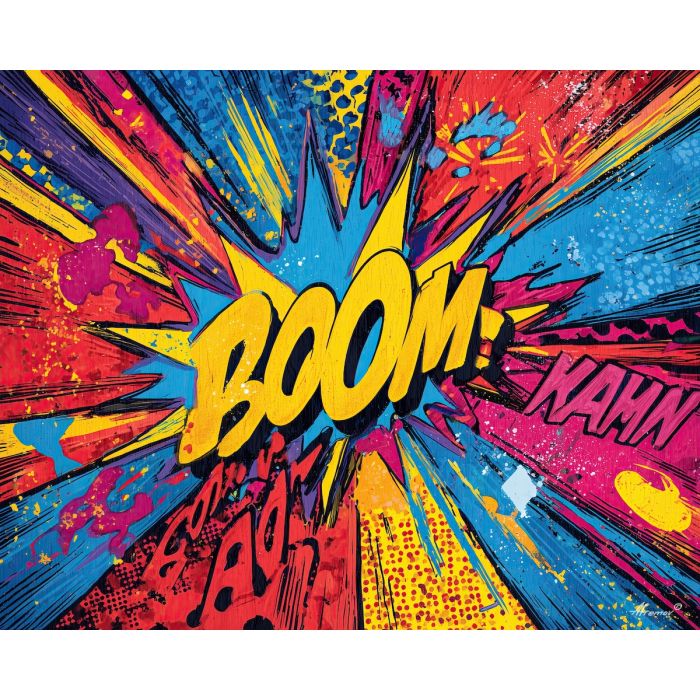 comic explosion, primary colors, pop panel design, bold black lines, ben day dots, punchy red yellow blue, graphic burst, retro comic impact, angular shapes, explosive pop motif, classic comic energy, outlined burst