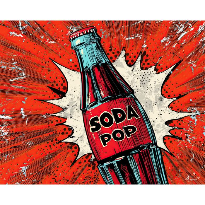 soda bottle pop, radial rays, bold outlines, flat fill, comic beverage art, retro drink symbol, iconic pop shape, bright red label, dotted accents, graphic outline style