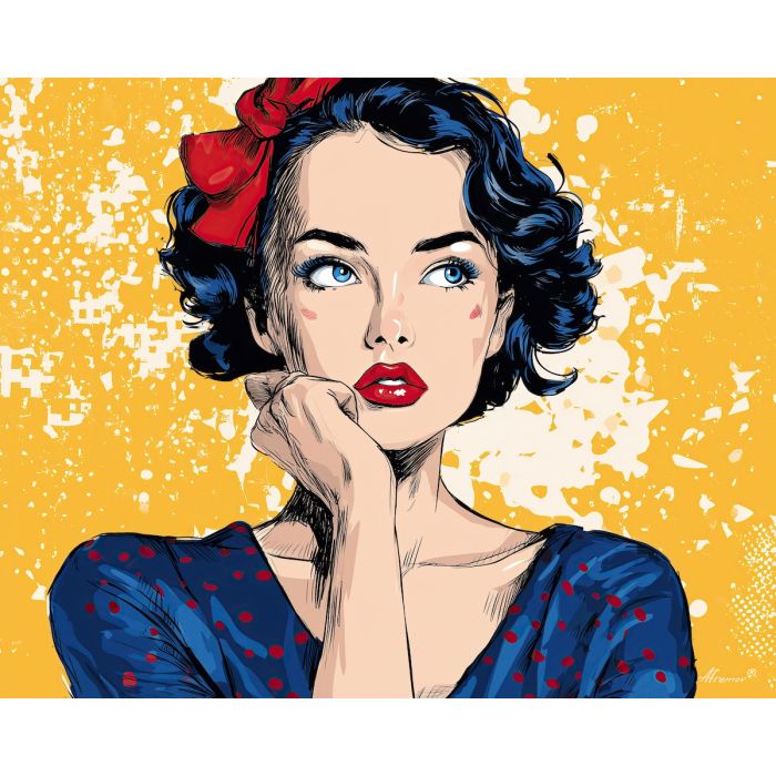 pop art face, dotted shading, ben day dots, bold outlines, comic woman, retro comic palette, speech bubble aesthetic, bright flat tones, vintage pop style, graphic highlights, iconic pop character, colorful outline art, high contrast face, pop femininity, comic portrait, dramatic line style, modern retro art, stylized comic girl