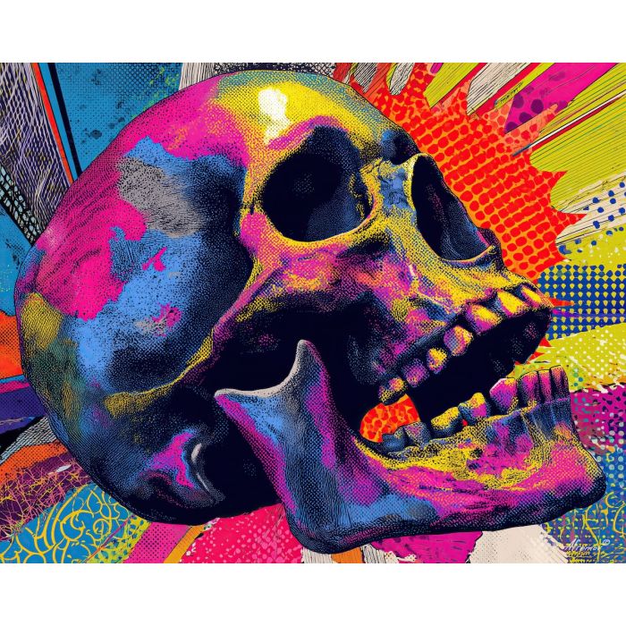 pop skull, neon colors, black outlines, dotted shading, comic macabre art, retro pop contrast, vibrant skull design, graphic pop elements, bold stylization